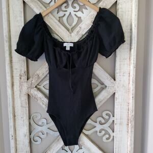 Topshop Women's Cutout Puff Sleeve RIbbed Cotton Bodysuit in Black